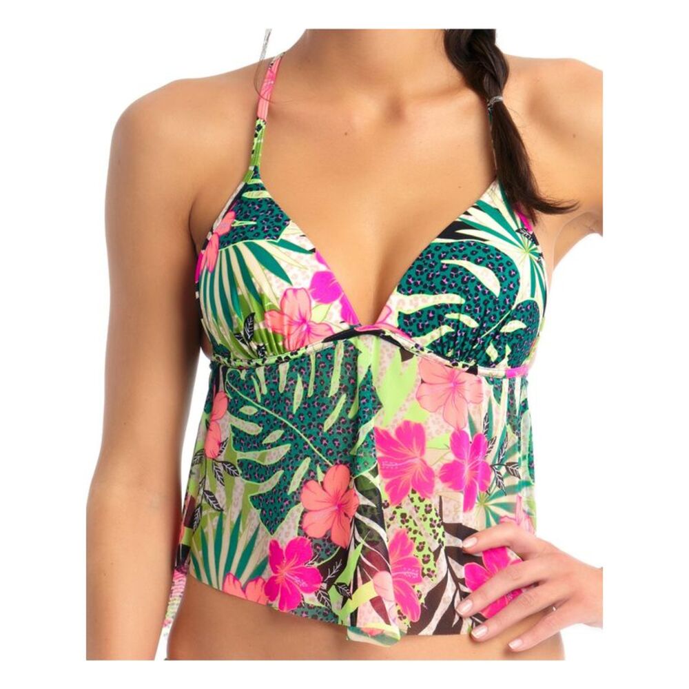 CALIFORNIA WAVES Women's Green Braided Back Sheer Flounce Tie Tankini Top S